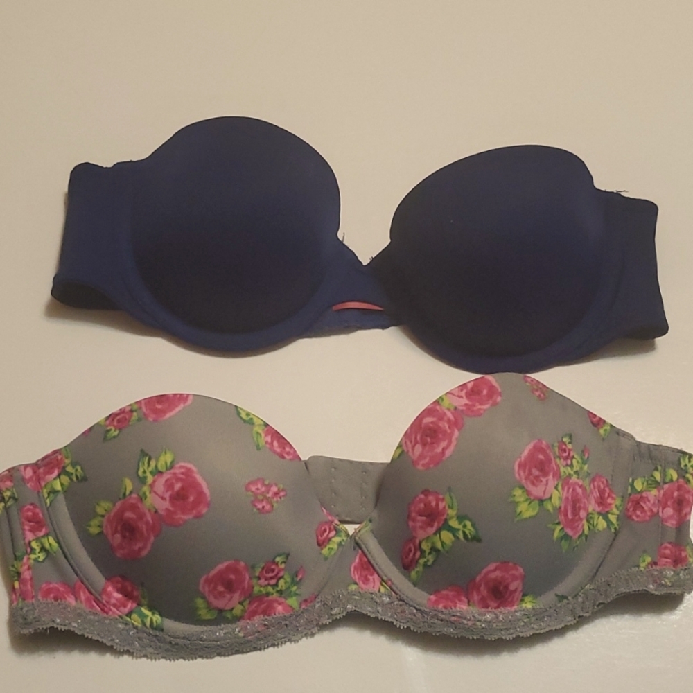 2 PINK VS Multi-Way Bandeau Bra Royal Blue /Floral Print/Gray  Sz34A